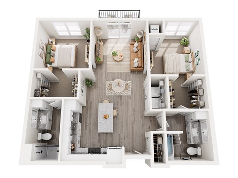 Floor plan for 2 beds, 2 baths, 1086 sqft